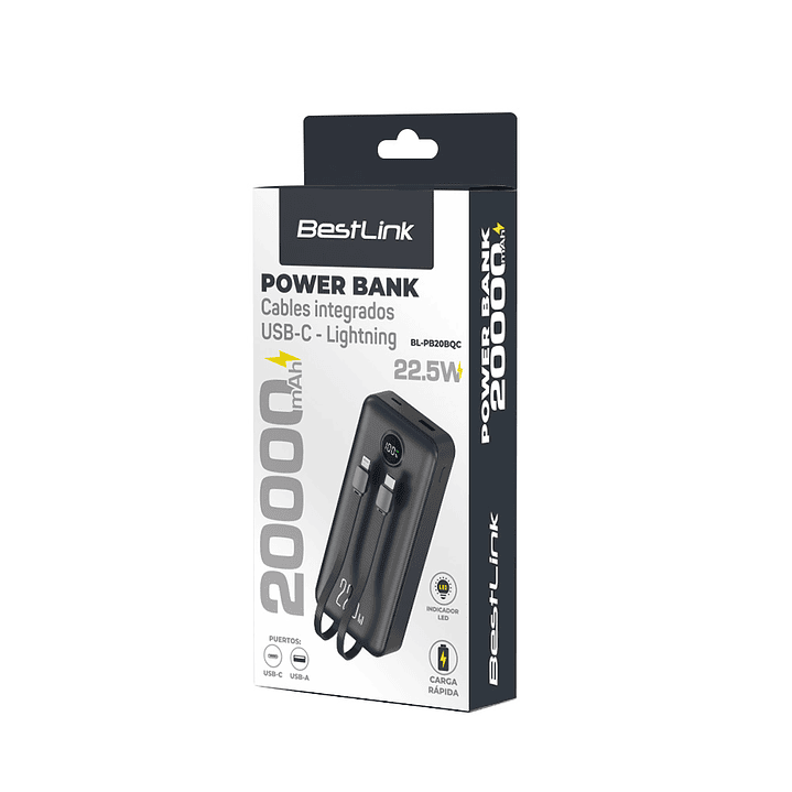 POWER BANK 20.000mah carga rápida 22,5W, display y 2 cables integrados 5