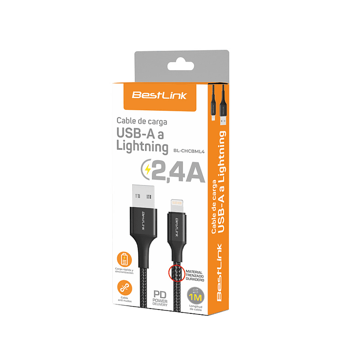 Cable Lightning USB A - L 2,4A metalico trenzado color negro 1mt 2