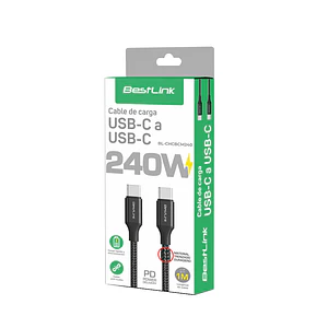 Cable USB Tipo C a USB C 240W NEGRO Metálico Trenzado
