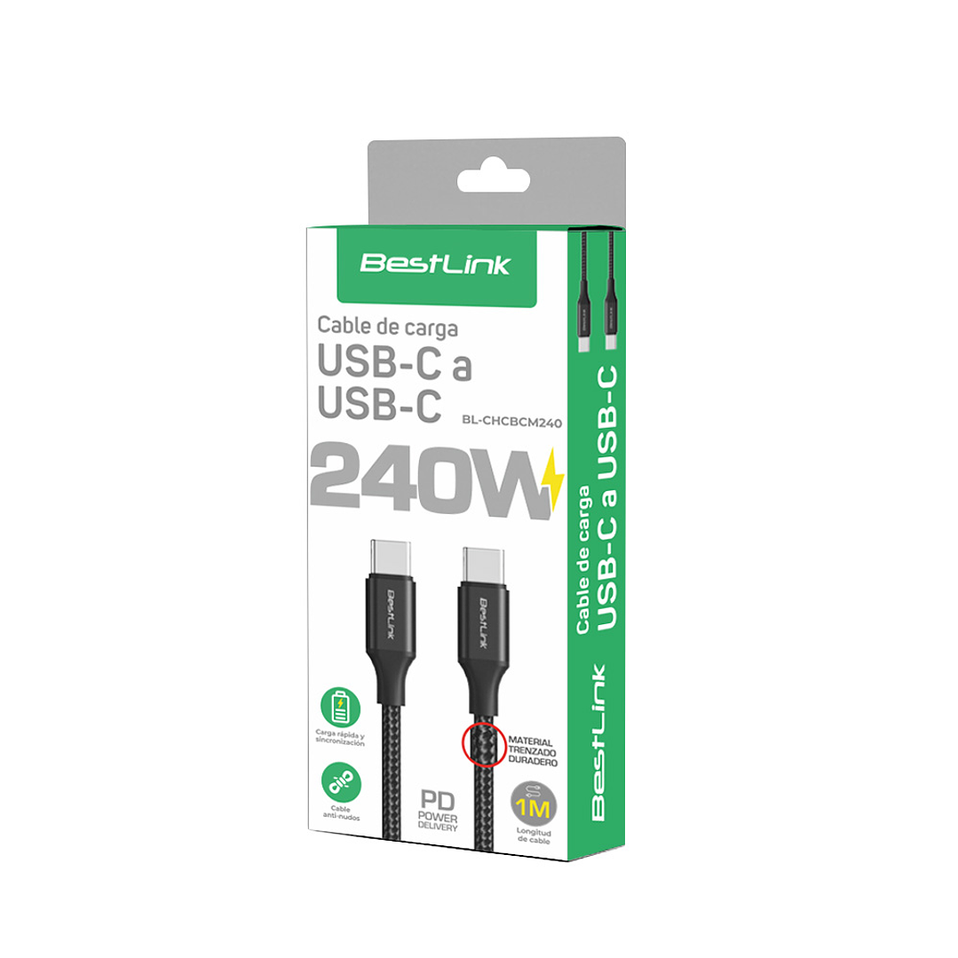 Cable USB Tipo C a USB C 240W NEGRO Metálico Trenzado 2