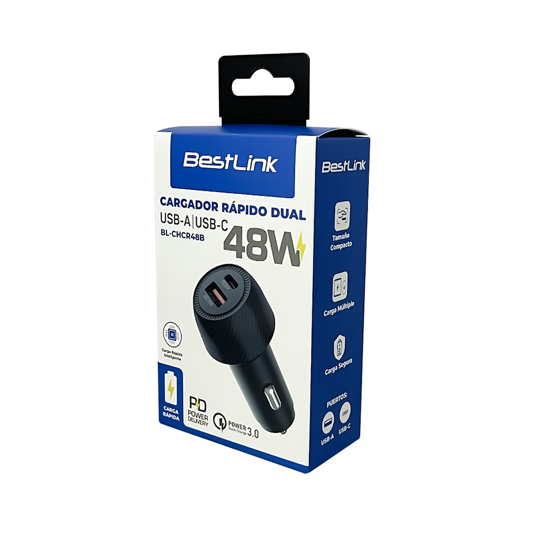 Cargador Rápido Dual 48W USB-A + USB-C de Auto 2