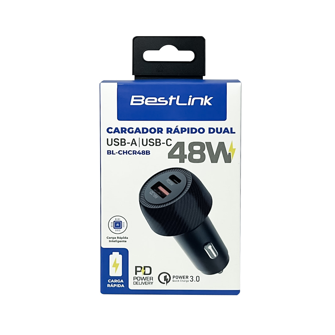 Cargador Rápido Dual 48W USB-A + USB-C de Auto 3
