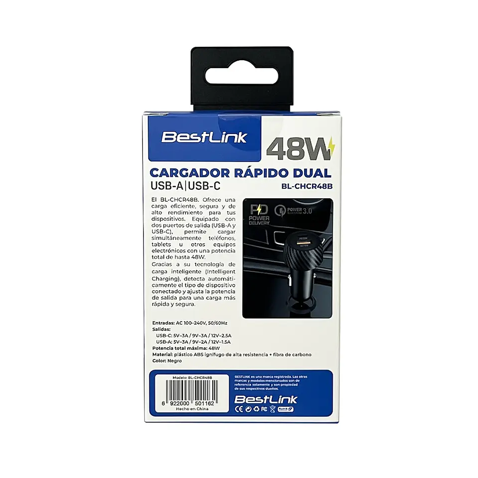 Cargador Rápido Dual 48W USB-A + USB-C de Auto 4
