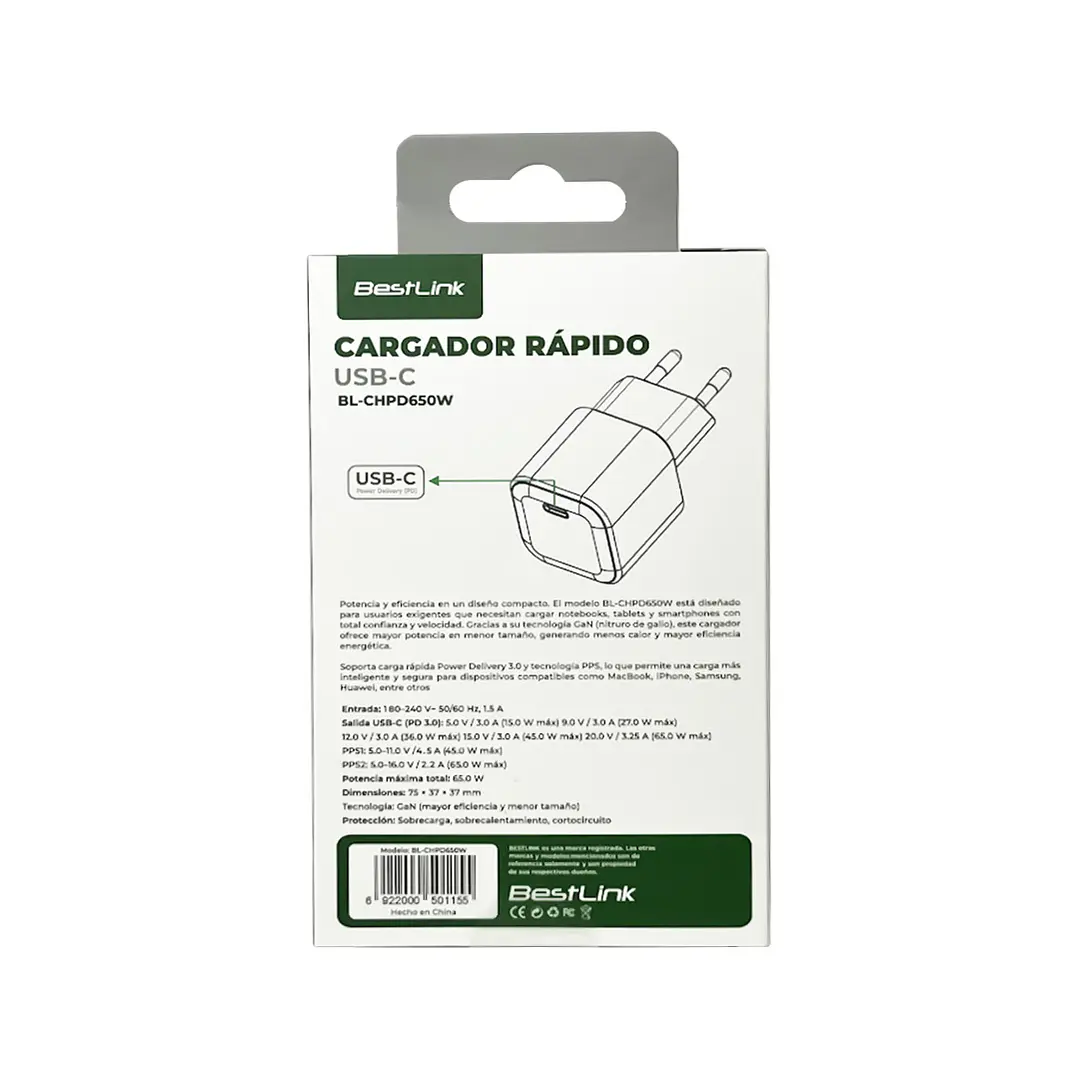 Cargador Rápido USB-C 65W GaN Power Delivery / Mod. BL-CHPD650W 3