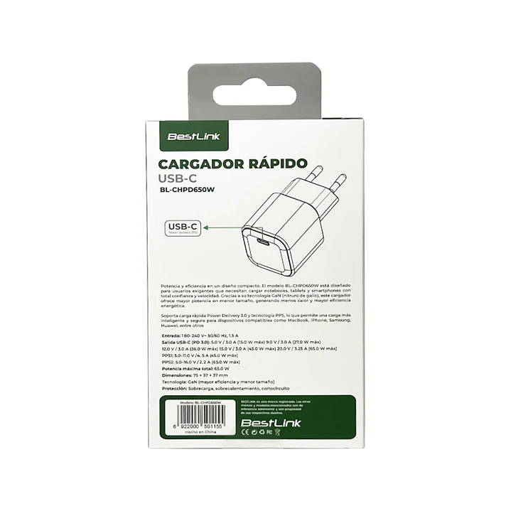 Cargador Rápido USB-C 65W GaN Power Delivery / Mod. BL-CHPD650W 3
