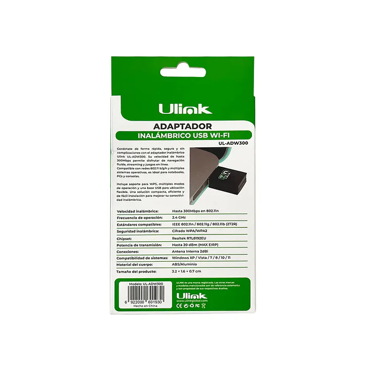 Adaptador Inalámbrico USB Wi-Fi 300mps 3