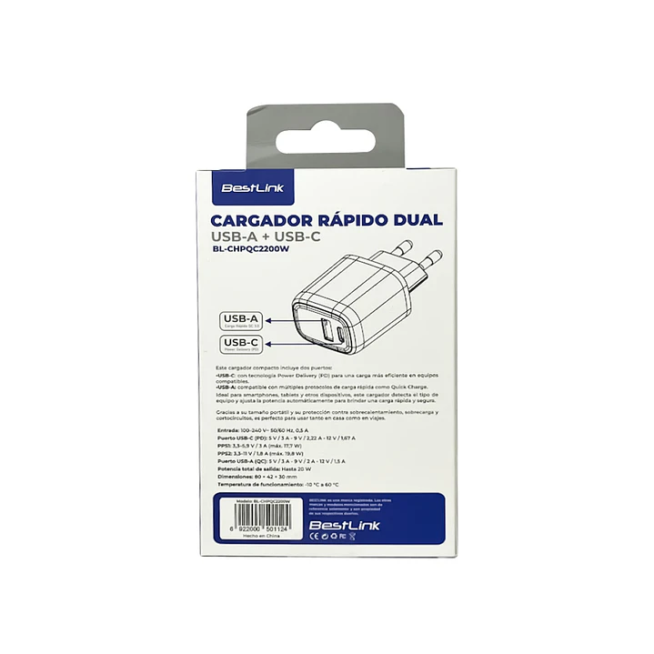 Cargador Rápido Dual USB-A + USB-C 20W /BL-CHPQC2200W 3