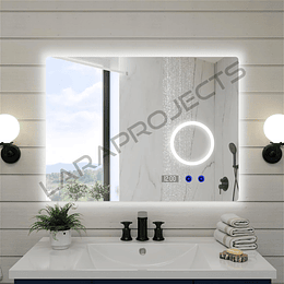 Espejo de baño Led táctil horizontal 90 x 70 desempañante hora temperatura y aro de luz