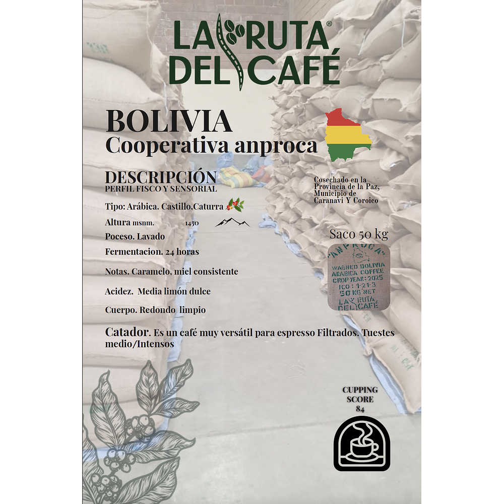 Cafe Verde Arabica Bolivia ANPROCA taza 84+IVA