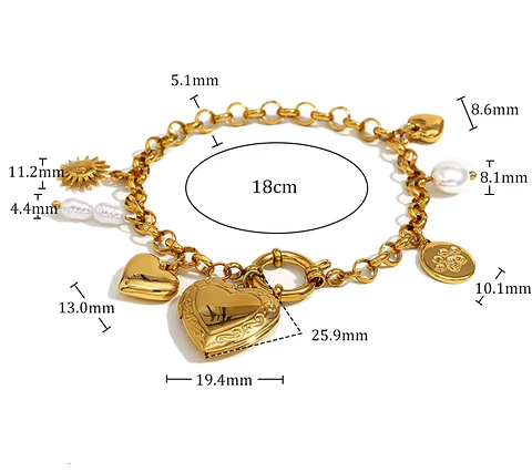 Pulsera Charms Corazones y Perlas