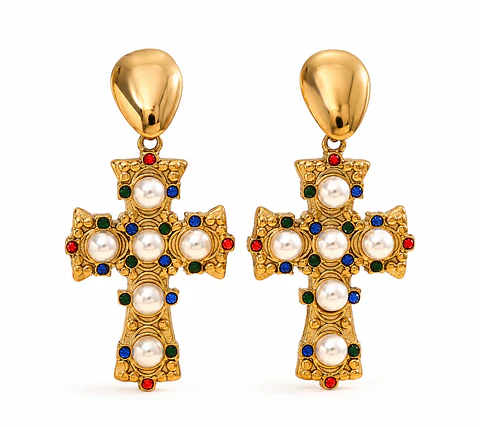 Aros Cruz Perlas Multicolor Premium
