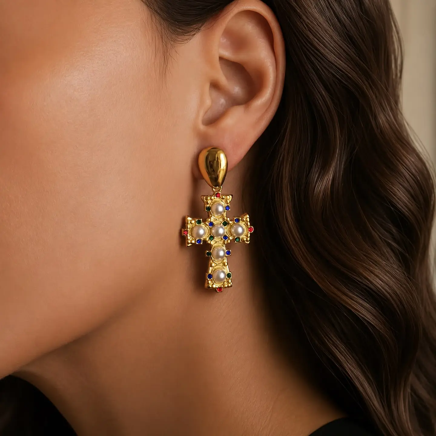 Aros Cruz Perlas Multicolor Premium 3