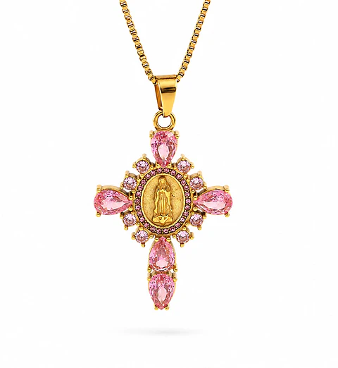 Collar Cruz Virgen Rosa