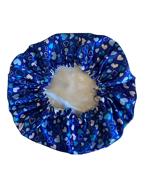 Gorro con elástico S/M azul corazones/champaña frío