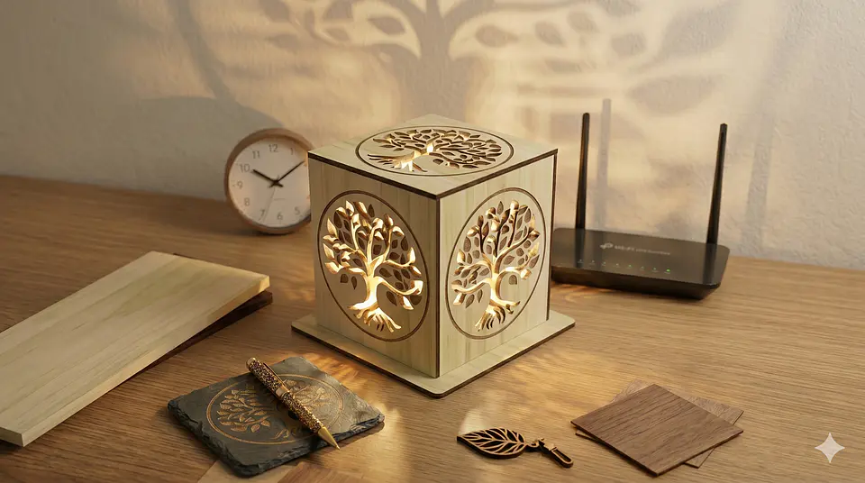 Candeeiro Led Madeira Árvore da Vida Cubo 1