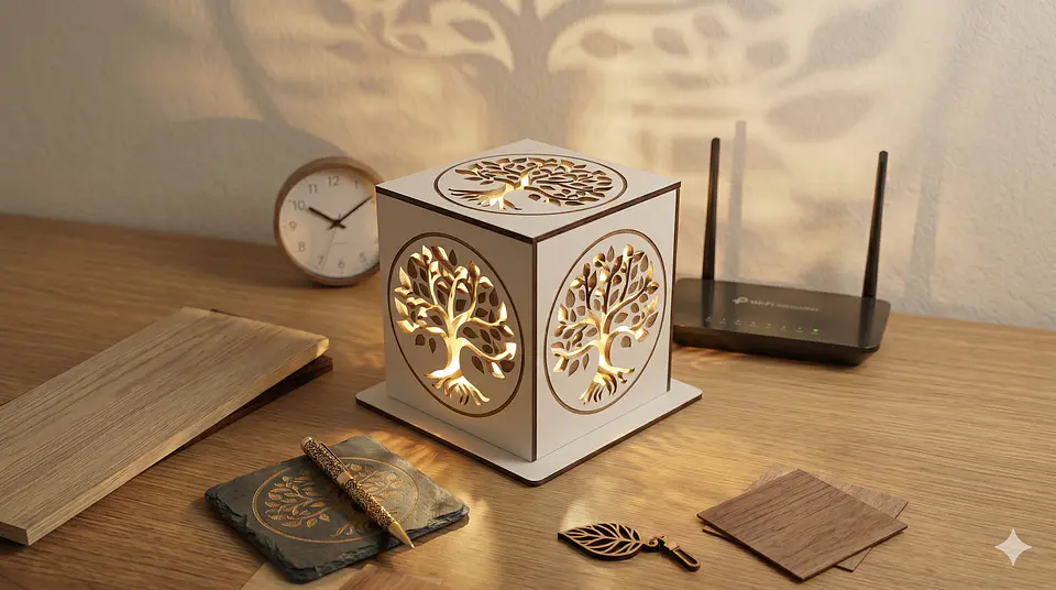 Candeeiro Led Madeira Árvore da Vida Cubo 2