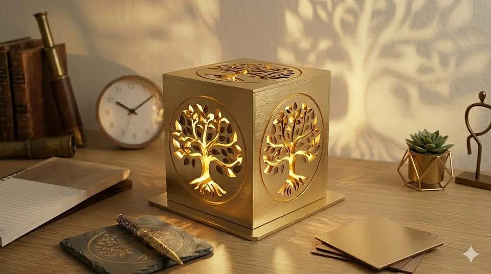 Candeeiro Led Madeira Árvore da Vida Cubo 3