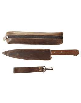 Set de cuero : Estuche, Cuchillo con cubierta de cuero y Llavero