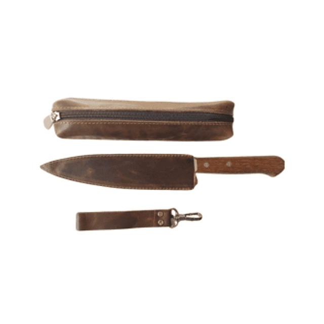 Set de cuero : Estuche, Cuchillo con cubierta de cuero y Llavero