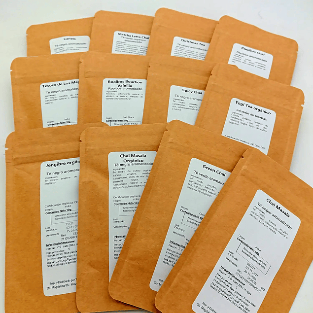 Chai y Especias - Caja con 12 muestras de 10g de té y hierbas especiadas en hojas