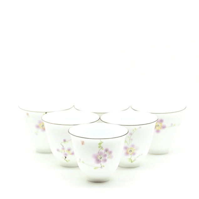 Juego de 6 vasos de porcelana china con flores moradas 
