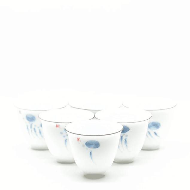 Juego de 6 vasos de porcelana china con peces azules