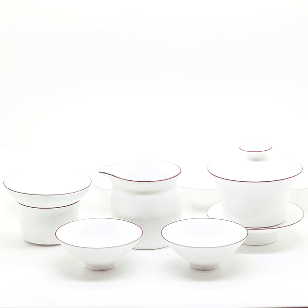 Set Gongfu Porcelana Blanca Ribete Café