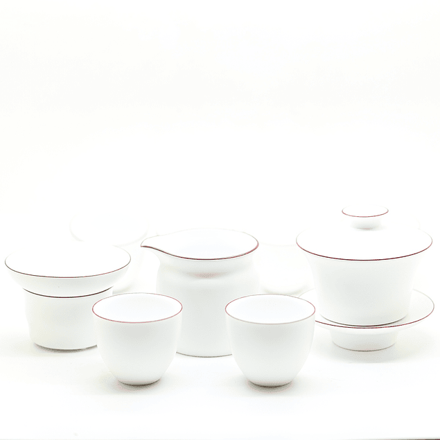 Set Gongfu Porcelana Blanca Ribete Café