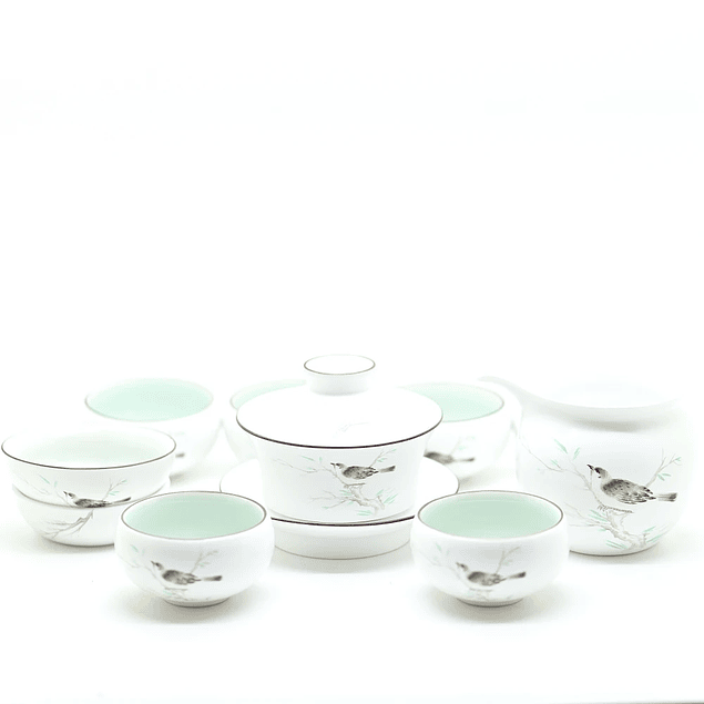 Set Gongfu Porcelana Blanca Pajaritos