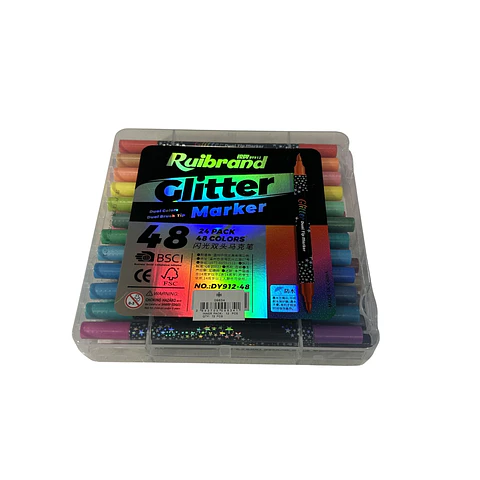 Marcadores Acrílicos Ruibrand Glitter doble punta. 24 pcs.-48 colores.