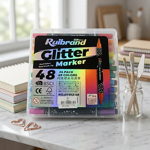 Marcadores Acrílicos Ruibrand Glitter doble punta. 24 pcs.-48 colores.