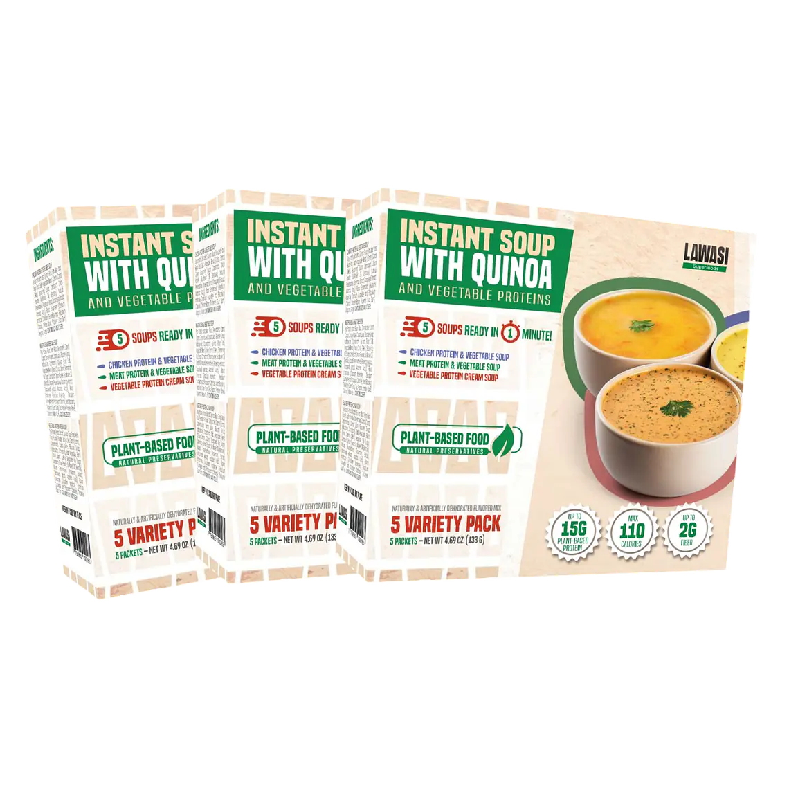 Sopas Instantáneas Saludables Lawasi - PACK DE TRES - Listas en 1 minuto - 5 Packets - 3 sabores - 15 g de Proteinas Vegetal -100 calorias 1