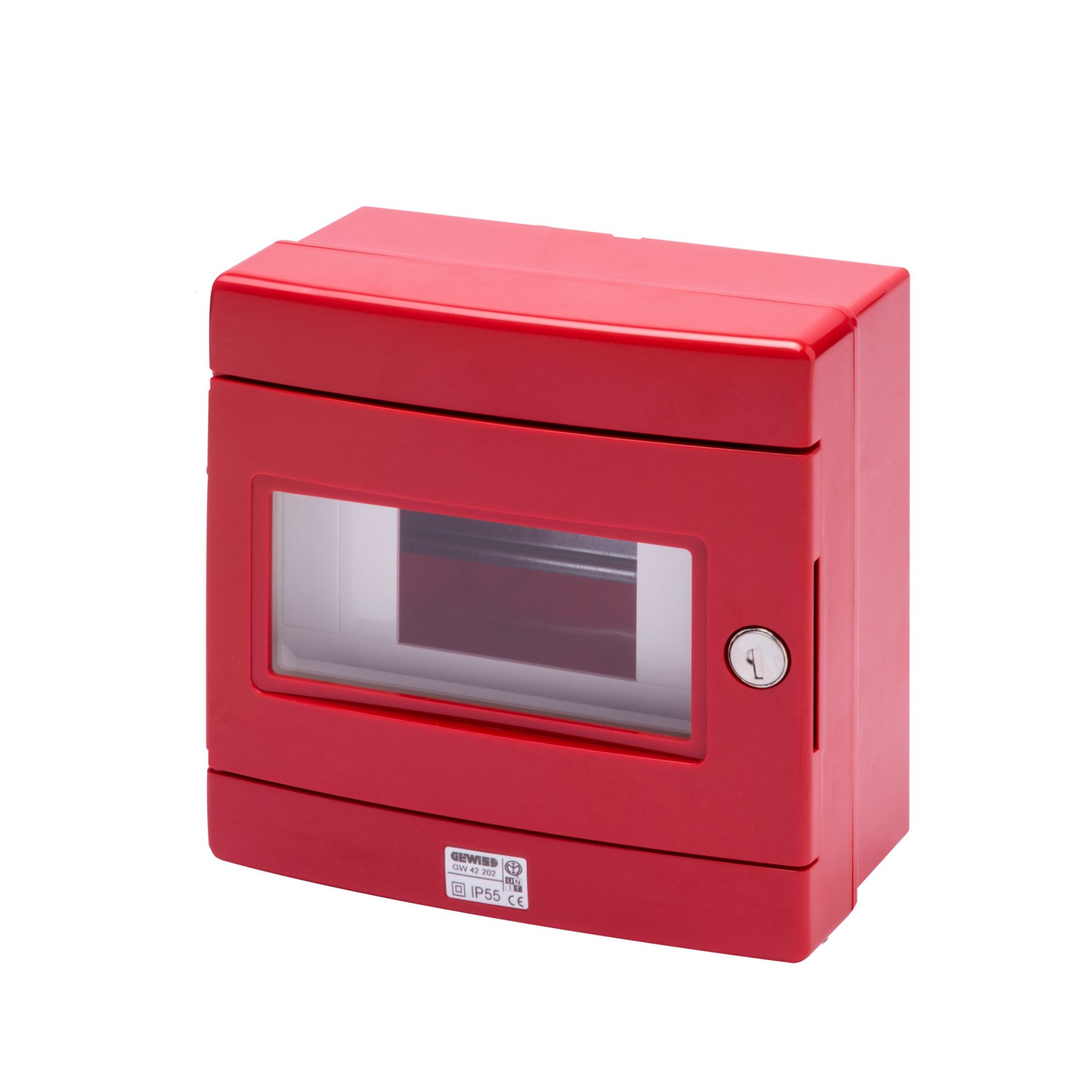 CAJA 180X180X100 C/LLAVE, PARA MANIOBRAS DE EMERGENCIA CON CARRIL DIN - 8 MÓDULOS EN50022 - ROJO RAL 3000