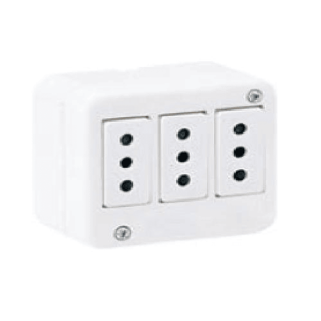 TOMA CORRIENTE ARMADO SOBREPUESTA 3 MODULOS 2 POLOS + TIERRA 10A 250V GÉNESIS