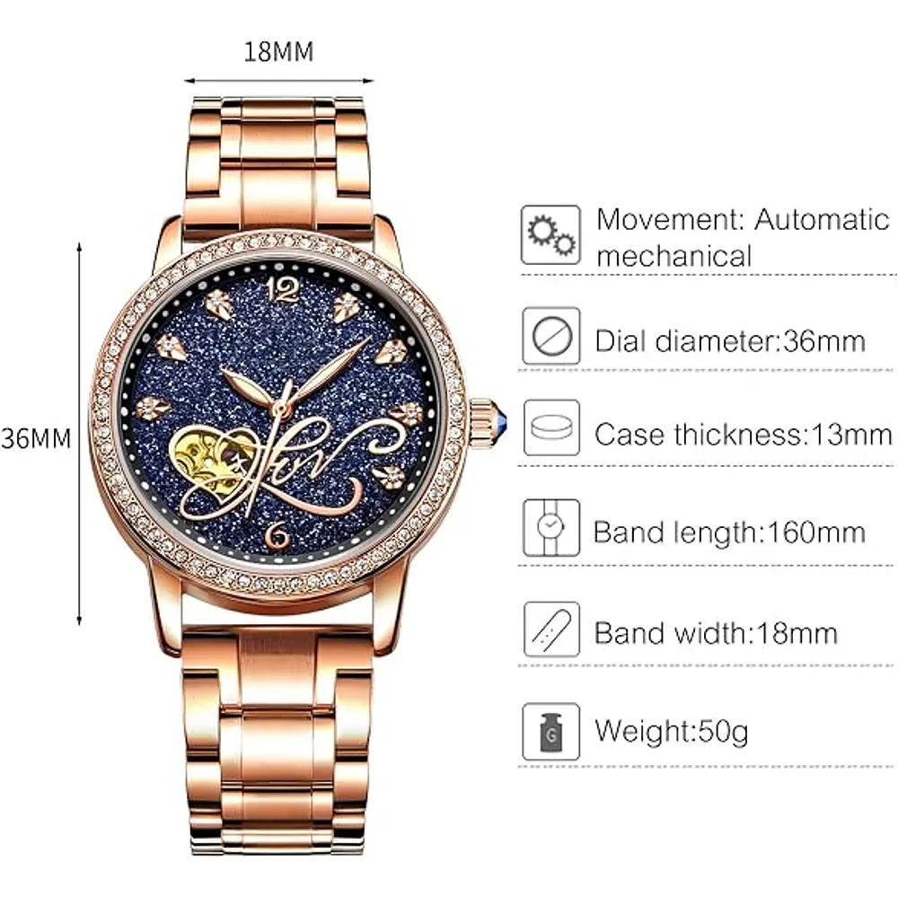 Reloj mecánico automático Rorios, para dama, cielo estrellado, luminoso, esfera de diamantes