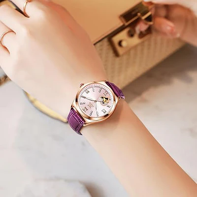 Reloj mecánico automático Olevs, para dama, con correa de cuero púrpura, cuerda automática