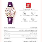 Reloj mecánico automático Olevs, para dama, con correa de cuero púrpura, cuerda automática