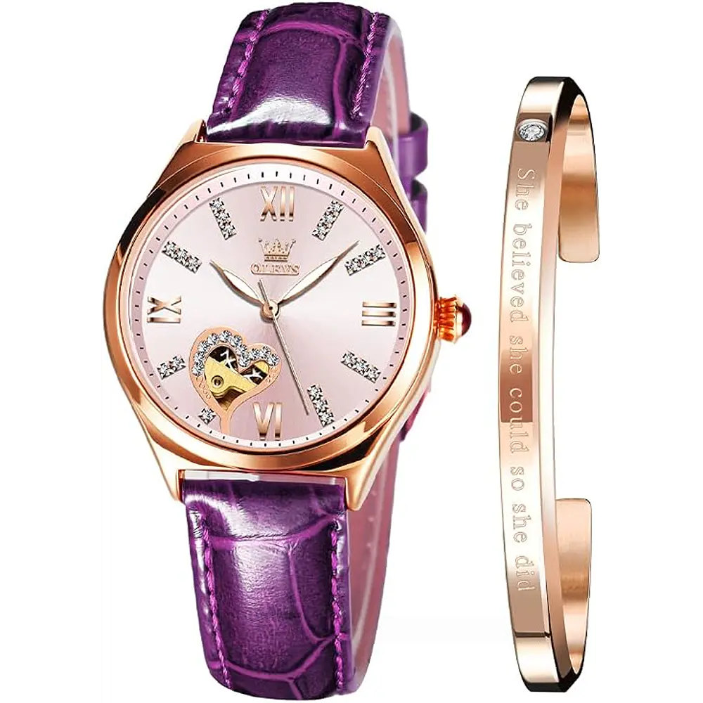 Reloj mecánico automático Olevs, para dama, con correa de cuero púrpura, cuerda automática