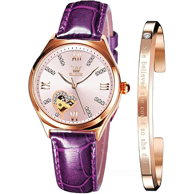 Reloj mecánico automático Olevs, para dama, con correa de cuero púrpura, cuerda automática