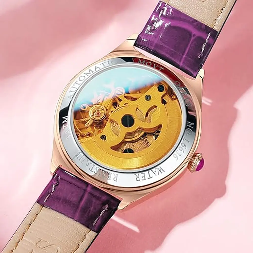 Reloj mecánico automático Olevs, para dama, con correa de cuero púrpura, cuerda automática