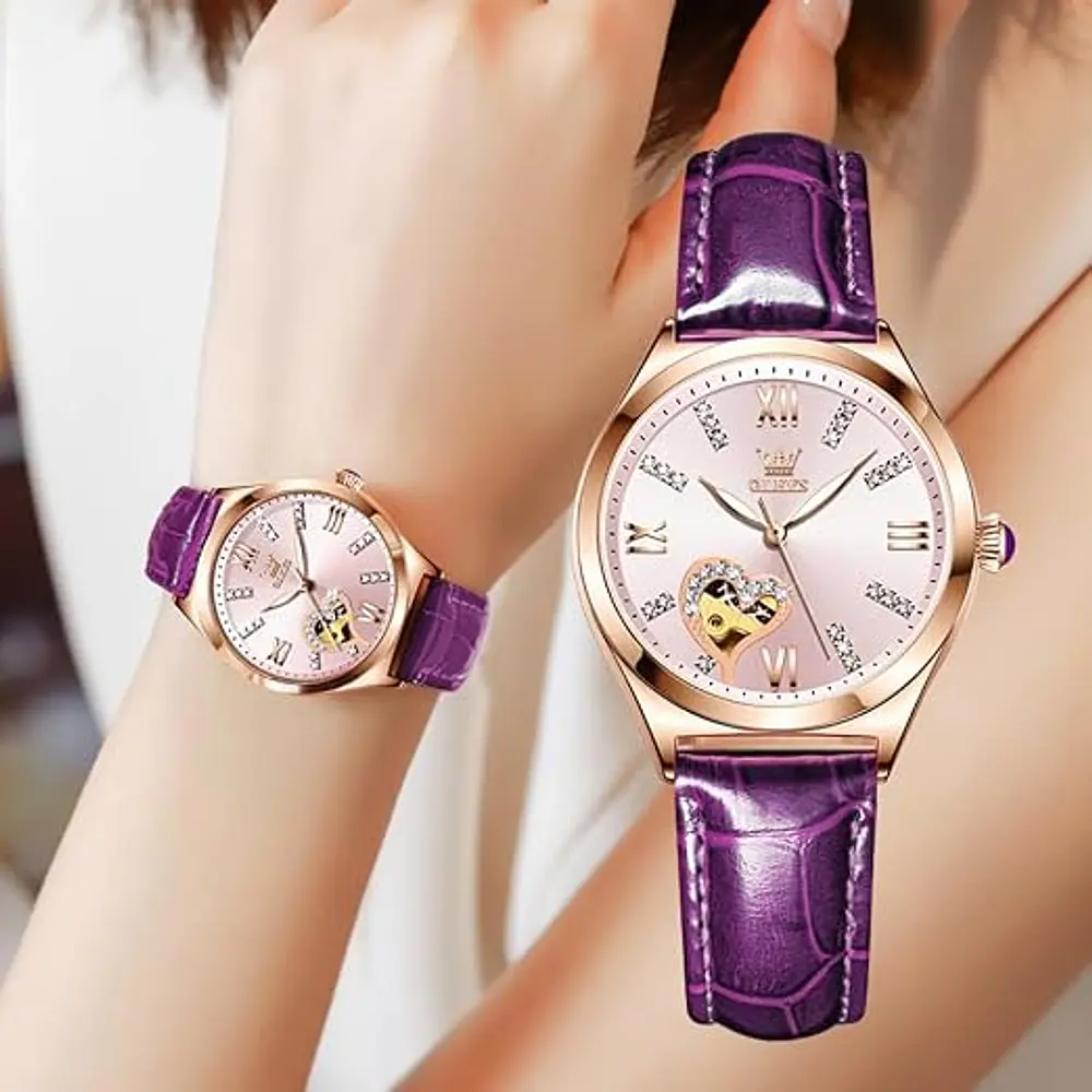 Reloj mecánico automático Olevs, para dama, con correa de cuero púrpura, cuerda automática