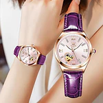 Reloj mecánico automático Olevs, para dama, con correa de cuero púrpura, cuerda automática
