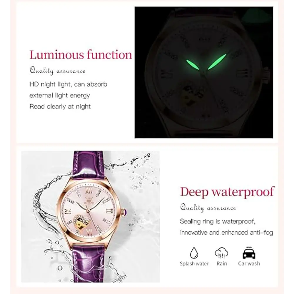 Reloj mecánico automático Olevs, para dama, con correa de cuero púrpura, cuerda automática
