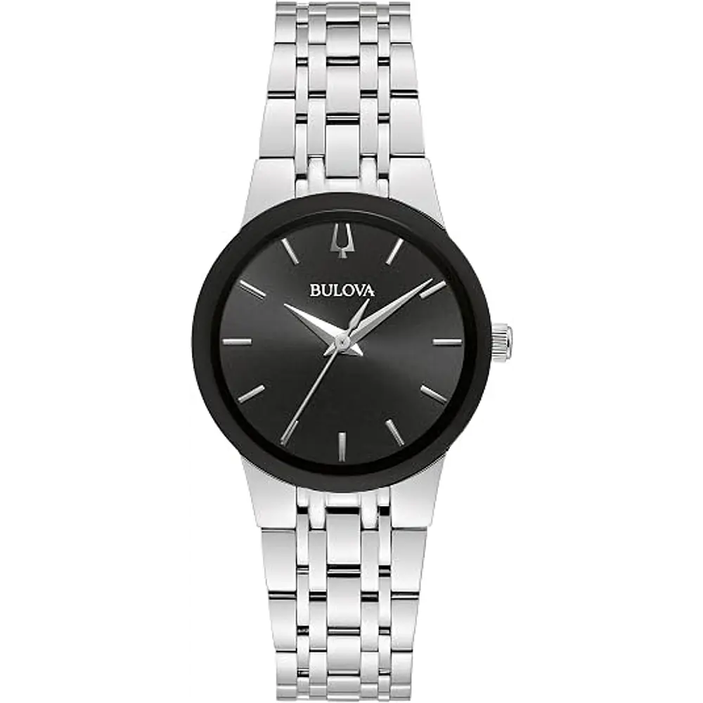 Reloj a cuarzo Bulova, para dama, modelo 96L299, de esfera negra. 