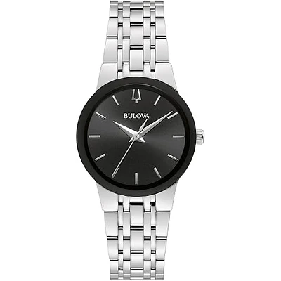 Reloj a cuarzo Bulova, para dama, modelo 96L299, de esfera negra. 