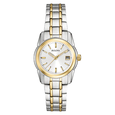 Reloj a cuarzo Bulova, modelo 98M105, para dama, a dos tonos, con fechador.