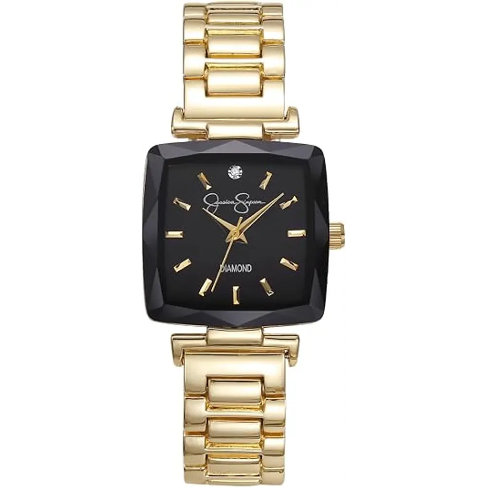 Reloj a cuarzo, para dama, marca Jessica Simpson, modelo Diamond, con caja cuadrada, correa de metal dorado