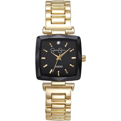 Reloj a cuarzo, para dama, marca Jessica Simpson, modelo Diamond, con caja cuadrada, correa de metal dorado