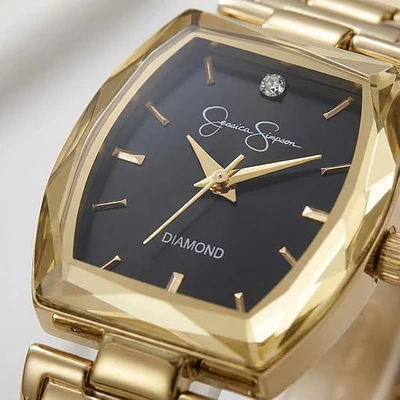 Reloj a cuarzo, para dama, marca Jessica Simpson, modelo Diamond, con caja cuadrada, correa de metal dorado