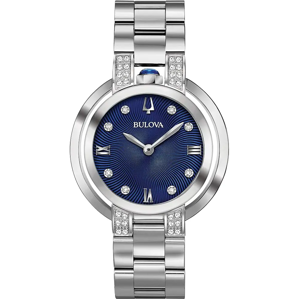 Lujo: reloj para dama Bulova, Rubaiyat de esfera azul y cristal de zafiro, modelo: 96R225